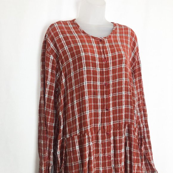 FLAX Rayon/ Acetate Rust Plaid Vintage  Long Sleeve Tunic Dress Large - Picture 2 of 8